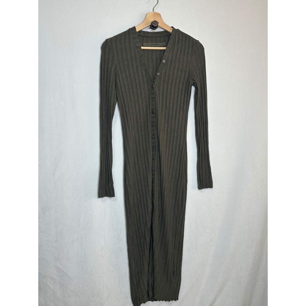 Enza Costa Ribbed Button Down Midi Dress Olive Green Brown Long Sleeve Knit  - S - Picture 3 of 8